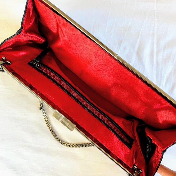 Black Satin Clasp Clutch with Strap - Picture 2 of 5